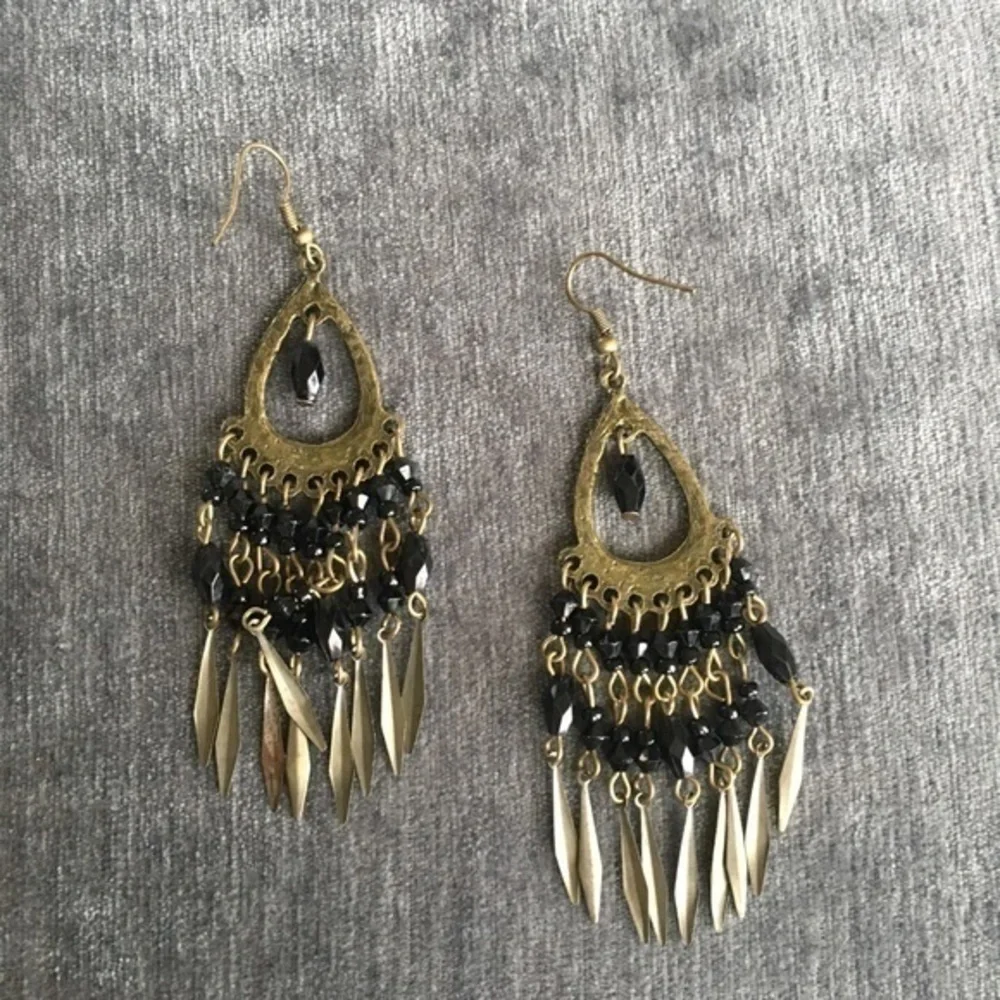 Bohemian Earrings Black Beads Metal Hanging Boho